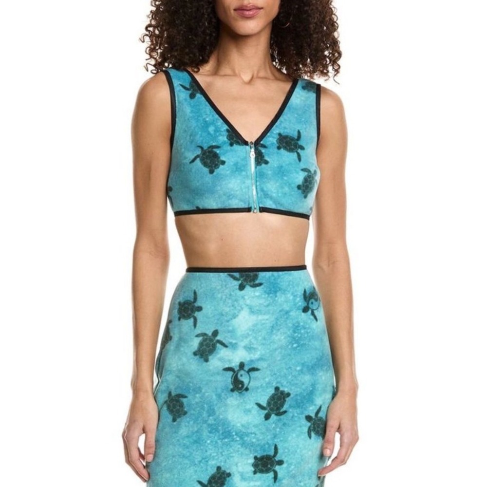 NWT STAUD Turquoise Turtle Print Fleece Springs Crop Top Black Trim Size 10